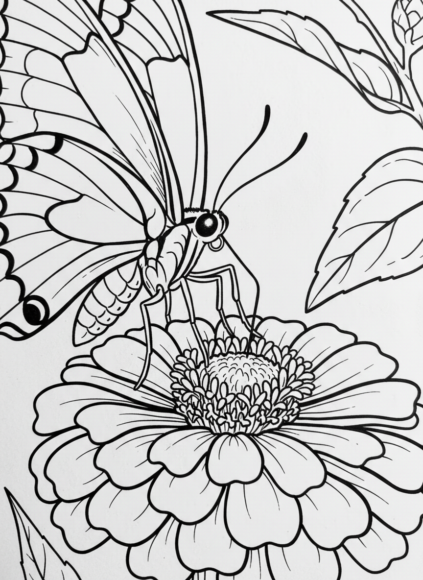 Close-up of a butterfly's face and antennae as it feeds from a zinnia flower using its proboscis, educational and detailed.