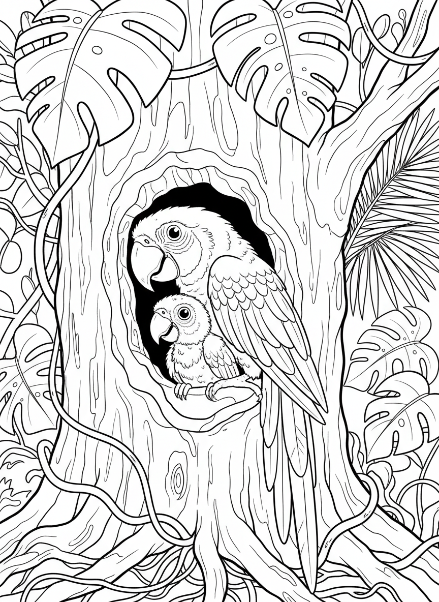 A young parrot chick peeking out from a tree cavity home, with parent bird nearby and jungle background details.