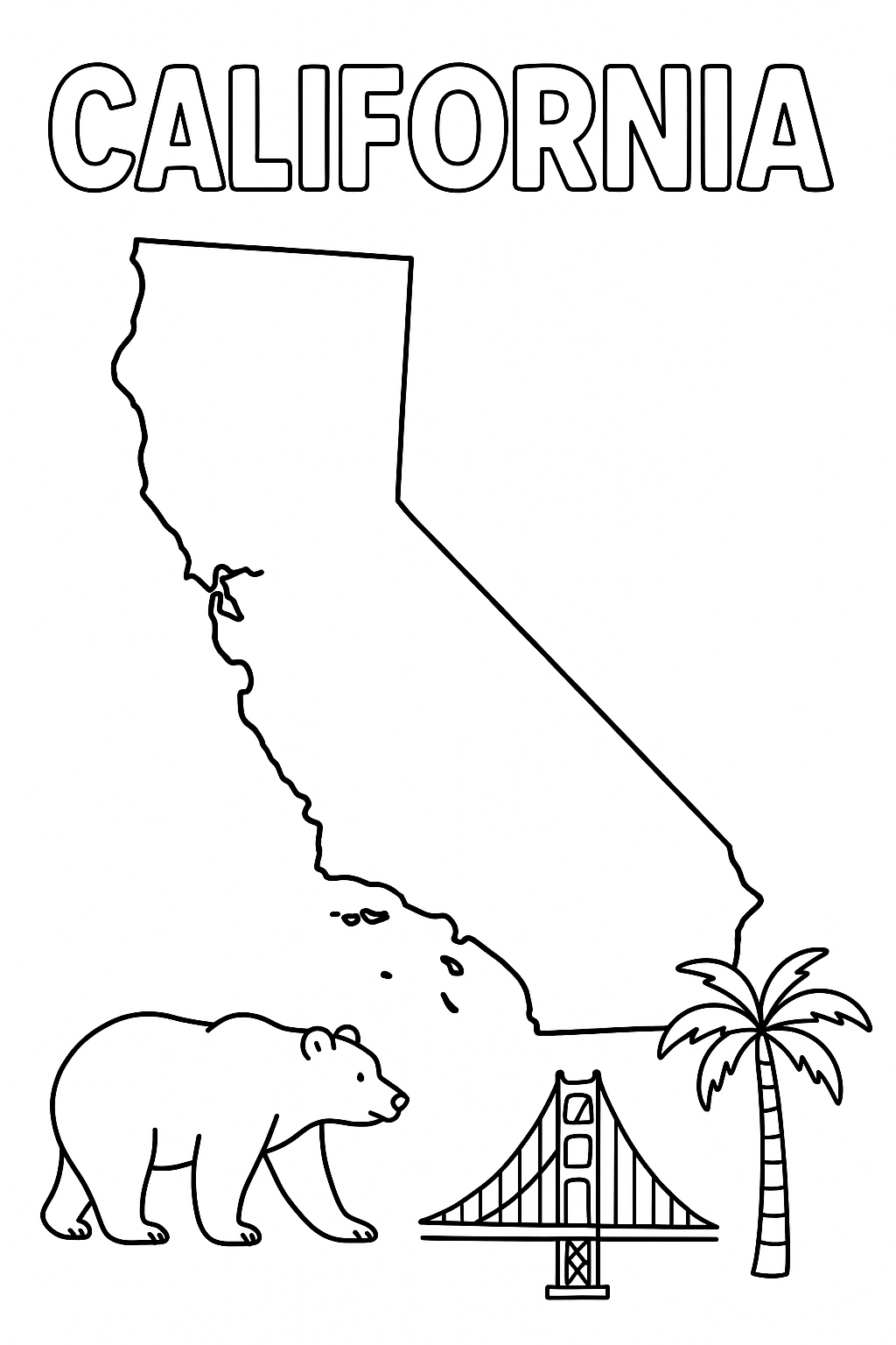 Write “California” at top in outlined letters. Center the state outline. Add bear, palm tree, and bridge icons in corners, leaving map clear.