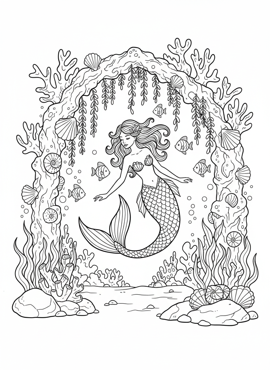 Elegant mermaid swimming through an archway made of coral and shells, with decorative seaweed garlands and small fish, detailed underwater scene