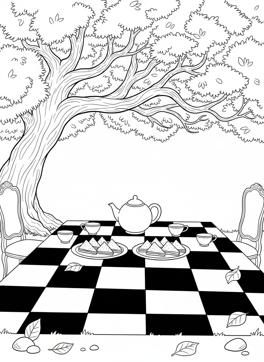 Wide scene of an outdoor tea party under a tree with a checkered tablecloth, teapot, cups, and sandwich platters