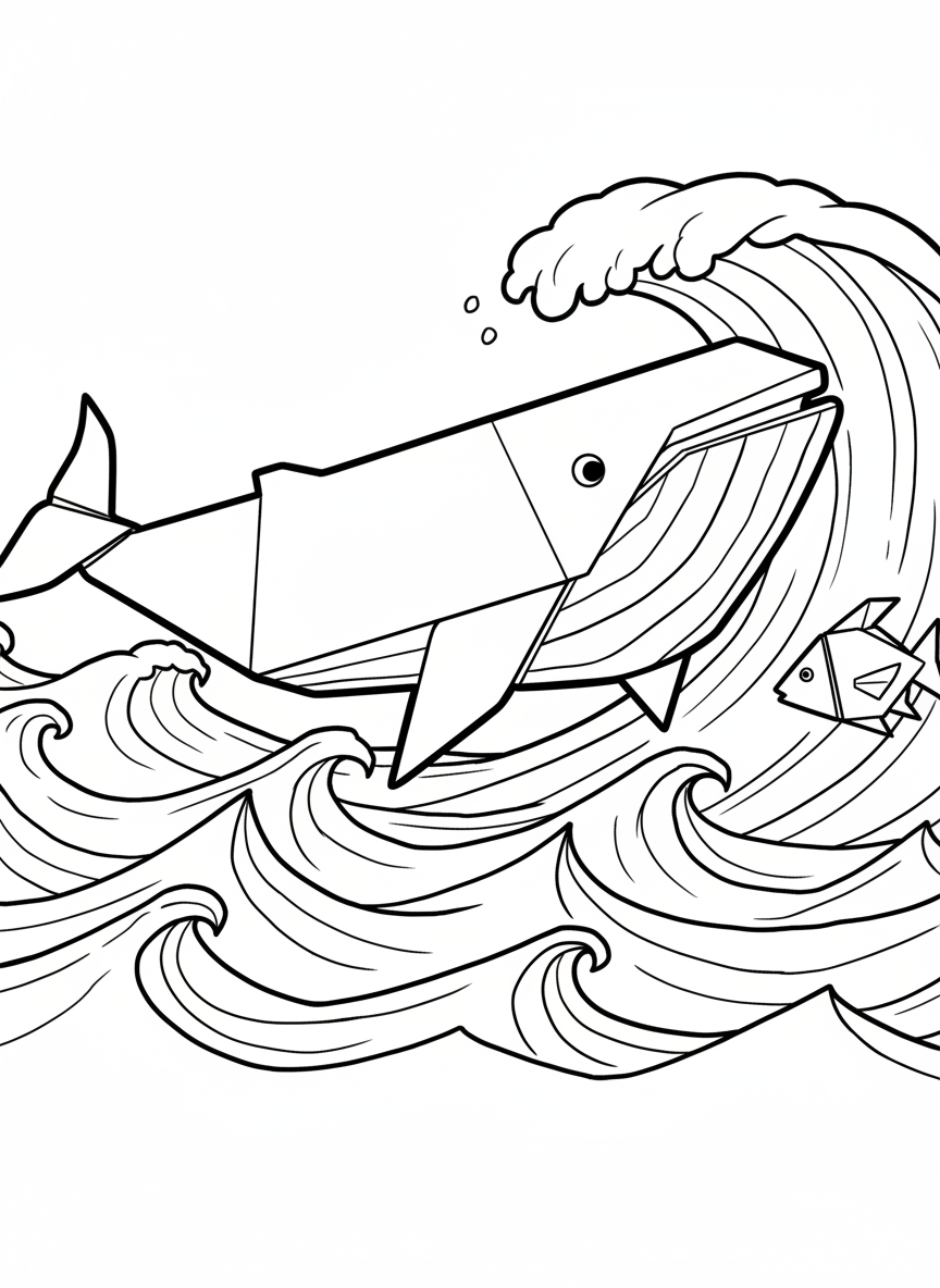 A large origami blue whale with pleated throat grooves, tiny eye, and massive rectangular body shape with small flippers