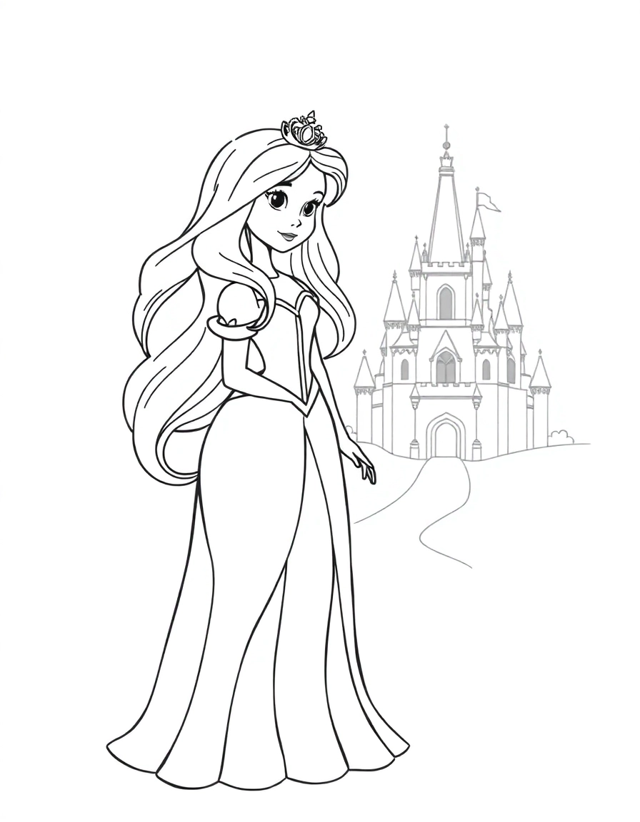 A princess standing regally with flowing hair and a jeweled crown, a fairytale castle in the distance
