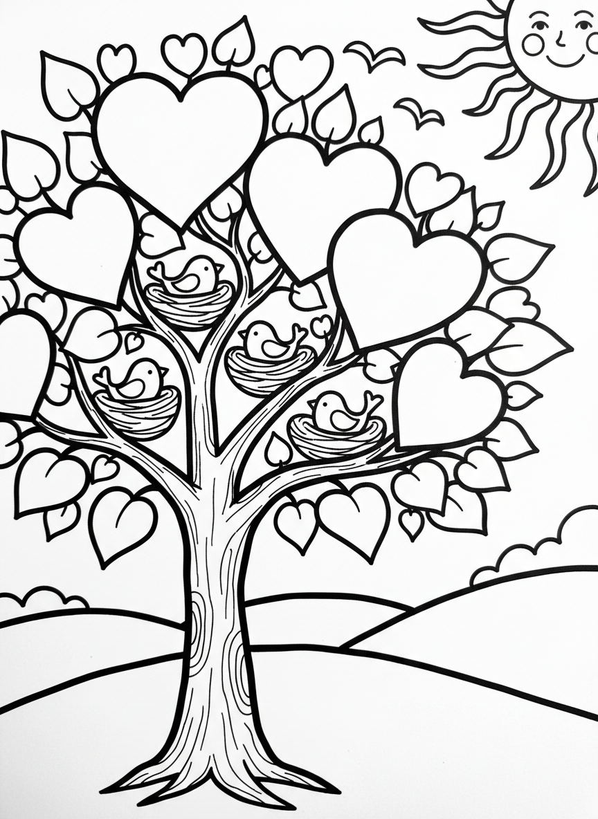 A simple tree with heart-shaped leaves and birds nesting in its branches, with a sun shining overhead.