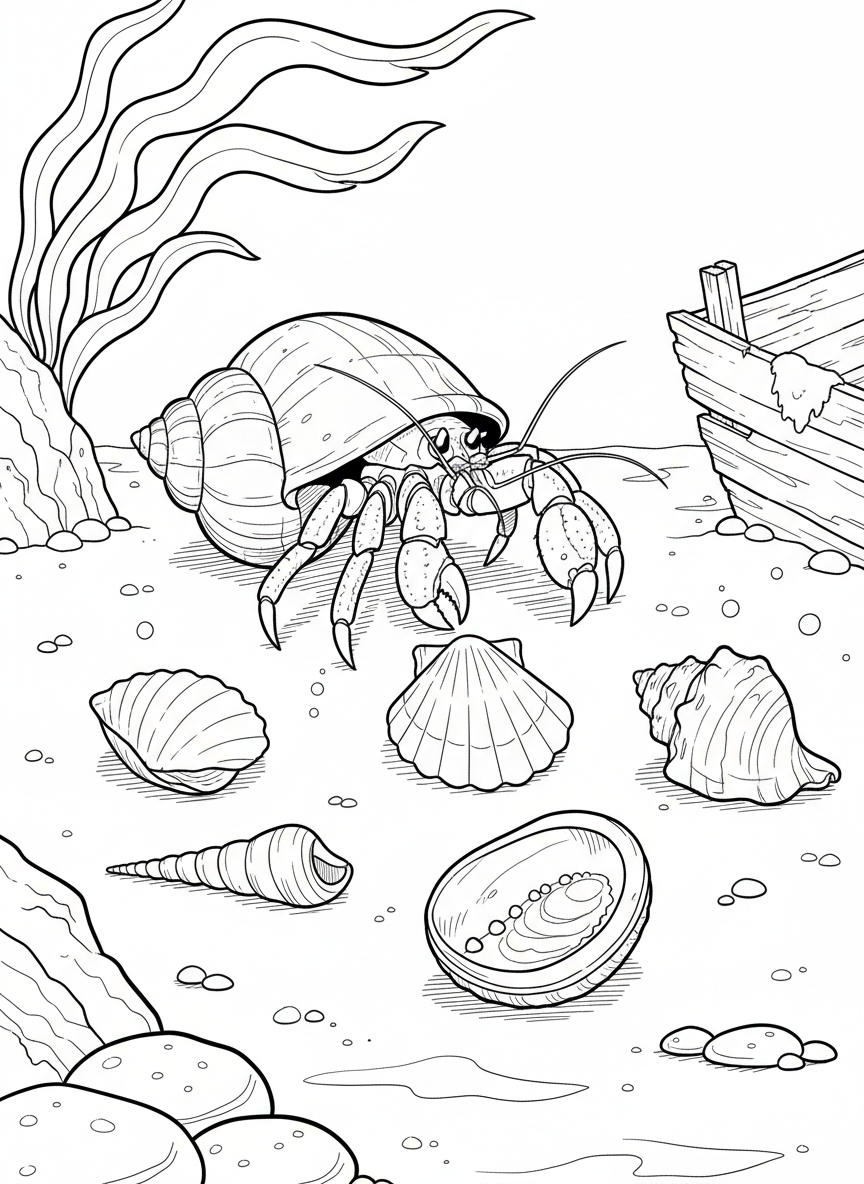 A hermit crab house-hunting among five different empty shells of various shapes and sizes on the ocean floor.