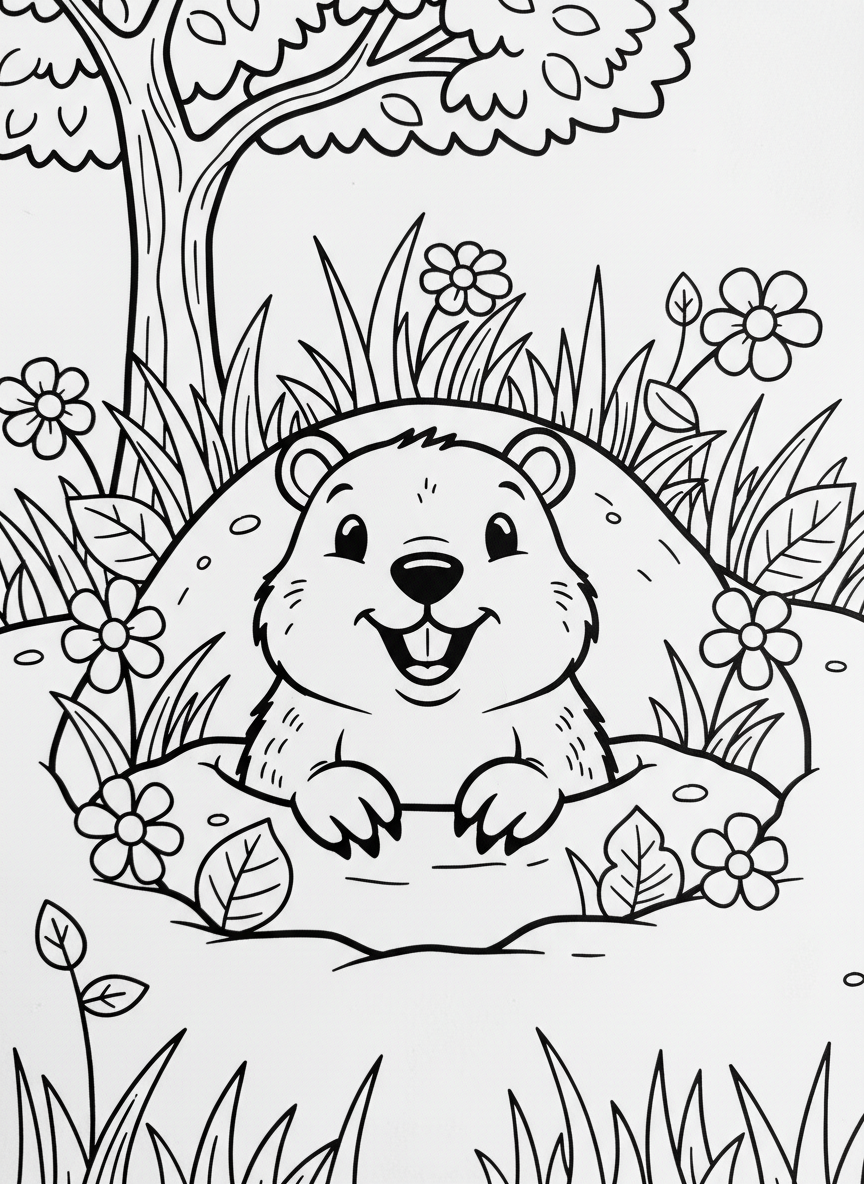 A cheerful groundhog popping out of a burrow hole with grass and flowers around the entrance, simple line art for young children