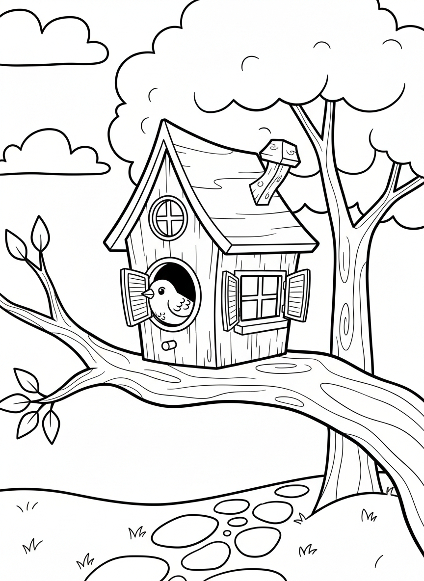 A whimsical birdhouse shaped like a small cottage with shutters, a chimney, and a tiny bird peeking out