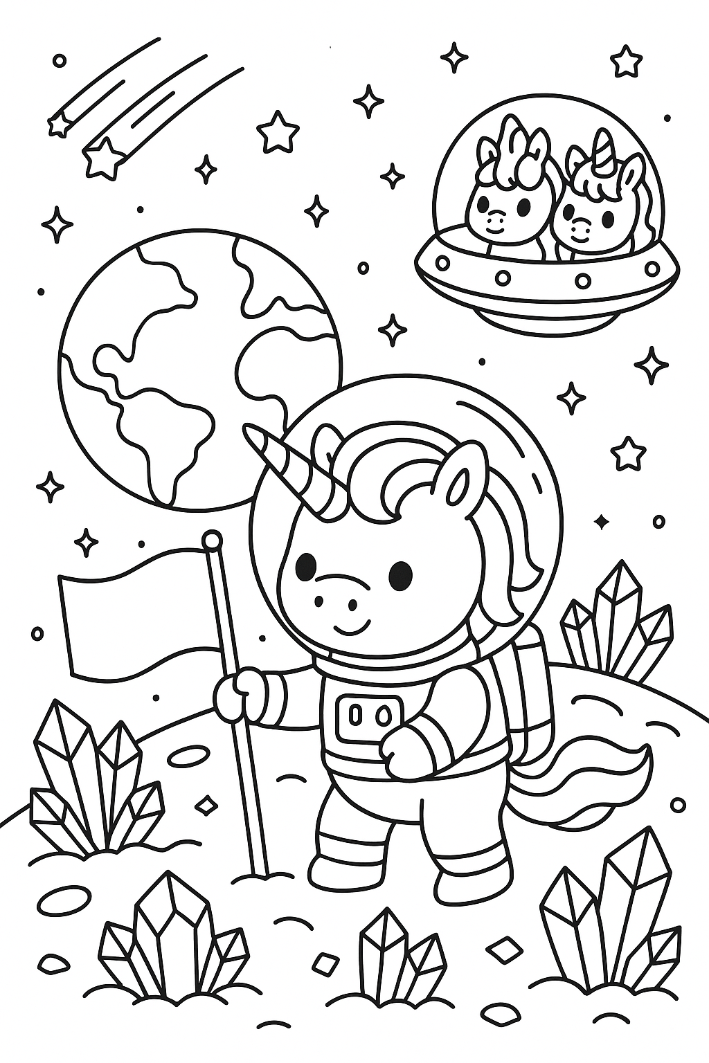 Magical unicorn astronaut on moon surface, planting flag with horn, Earth rising behind, stars twinkling, meteor shower, crystal space rocks, other unicorns in spacecraft windows, thick outlines, kawaii space adventure coloring page for kids