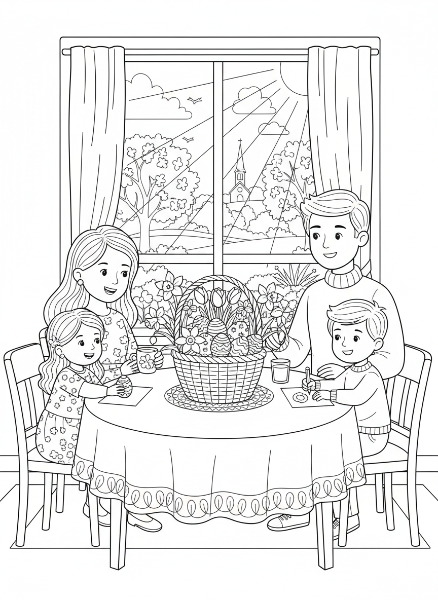 Easter Sunday Morning coloring page prompts capturing calm beginnings, family traditions, and fresh spring light.	A breakfast table set neatly with Easter touches, family members gathering slowly.