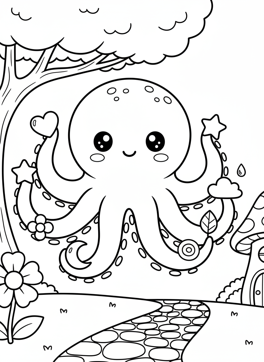 An adorable kawaii octopus with eight tentacles, each holding a different small object like hearts, stars, and flowers, with a gentle smile