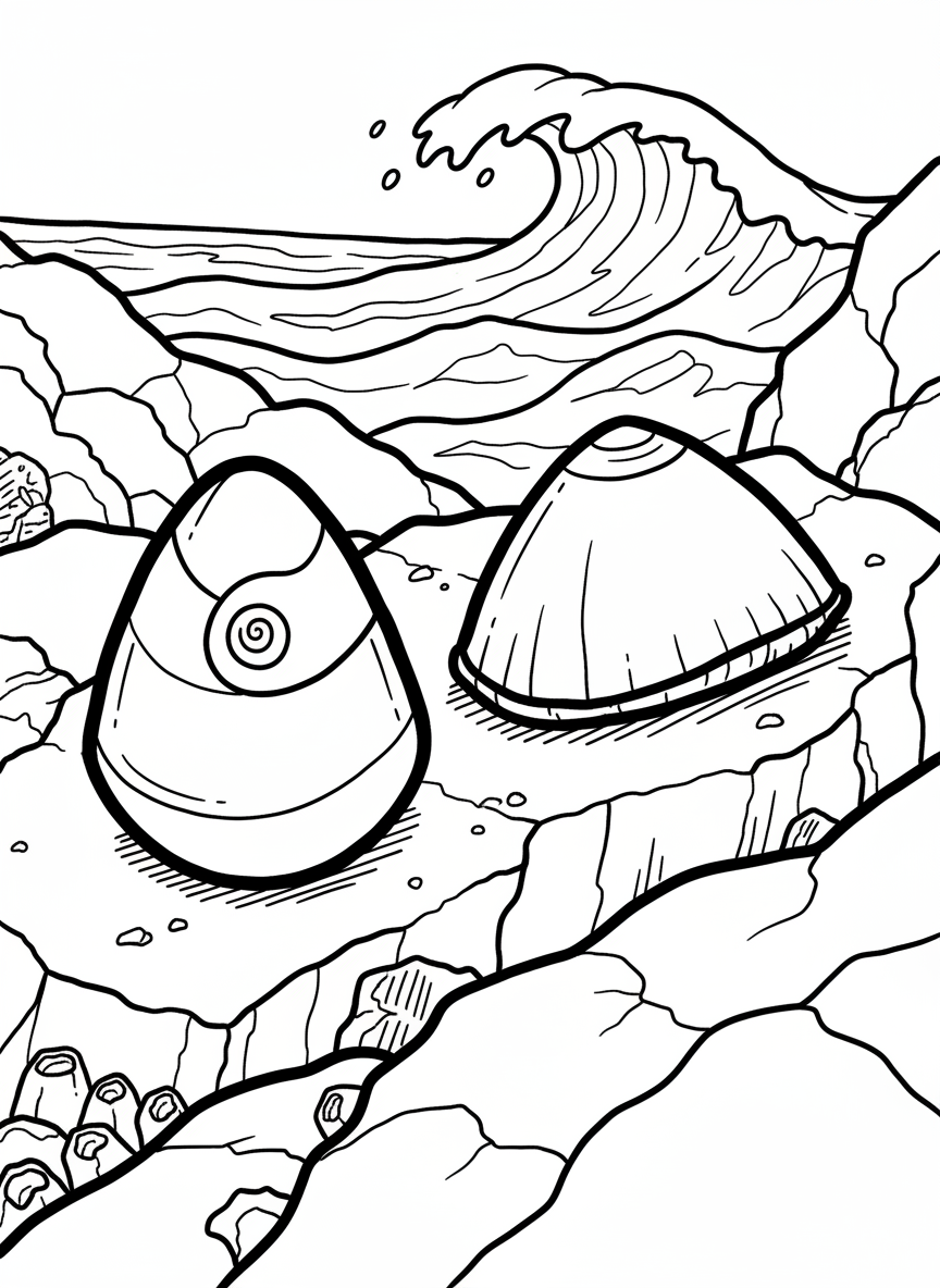 Two limpets side by side on a rock surface, one viewed from above showing the oval shape, one from the side