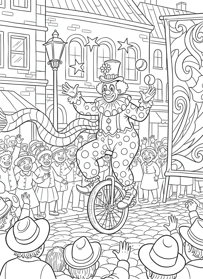A parade clown on a unicycle juggling stars and balls, wearing a festive costume and entertaining the crowd with tricks.