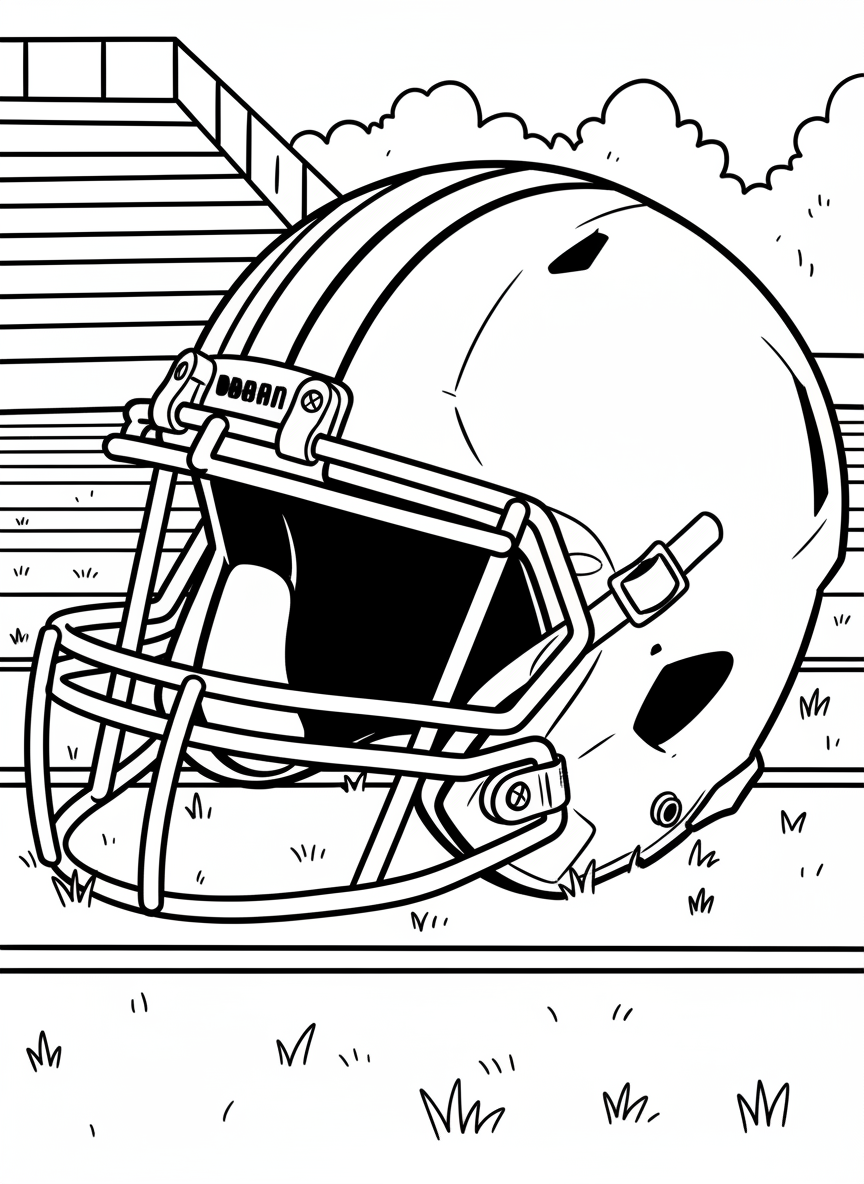 A football helmet with team stripes and facemask, sitting on a football field with yard lines visible, simple close-up design.