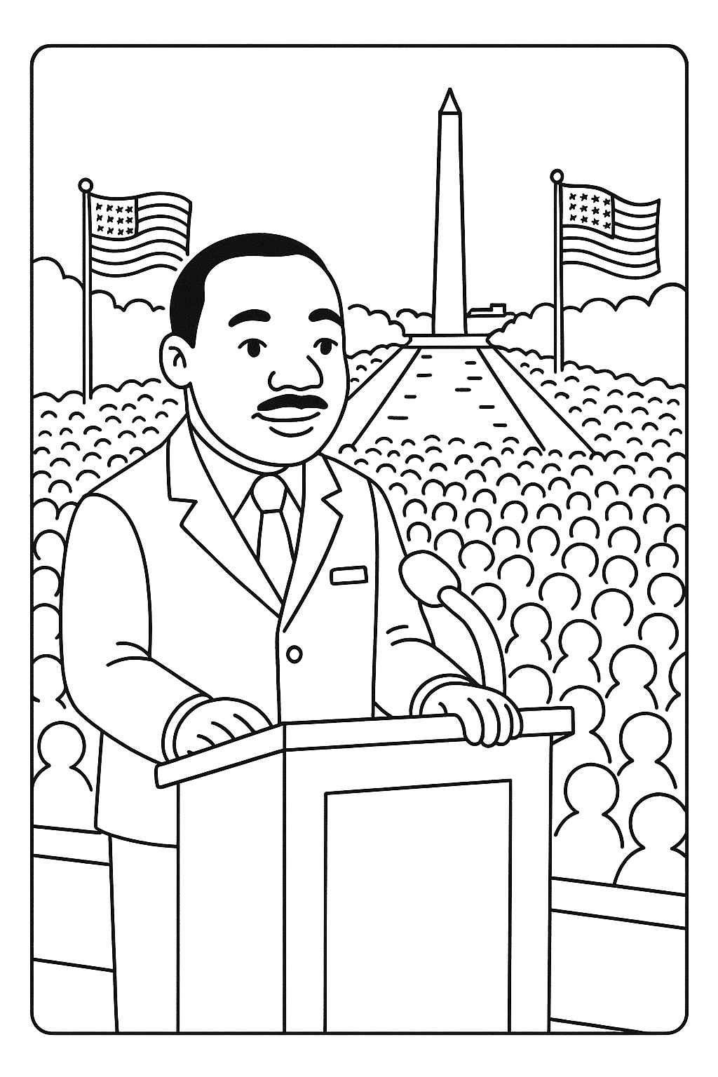 Martin Luther King Jr. standing at the Lincoln Memorial podium during the March on Washington, wearing a dark suit and tie, hands resting on the lectern, large crowd stretching across the National Mall, American flags waving, Washington Monument visible in the distance, powerful and hopeful atmosphere, moment inspired by the “I Have a Dream” speech