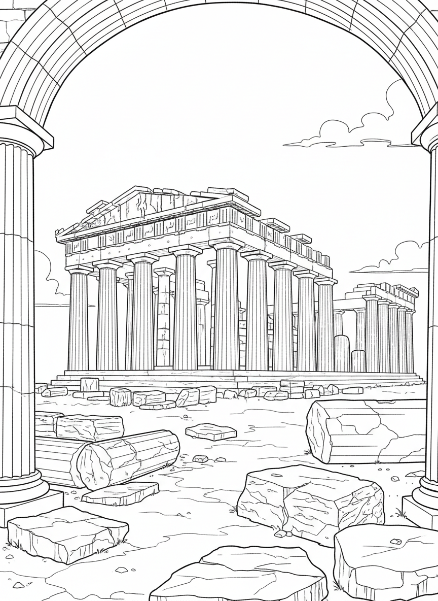 The Parthenon temple in Greece with columns and triangular pediment, ancient ruins on a hilltop with clear classical architecture.