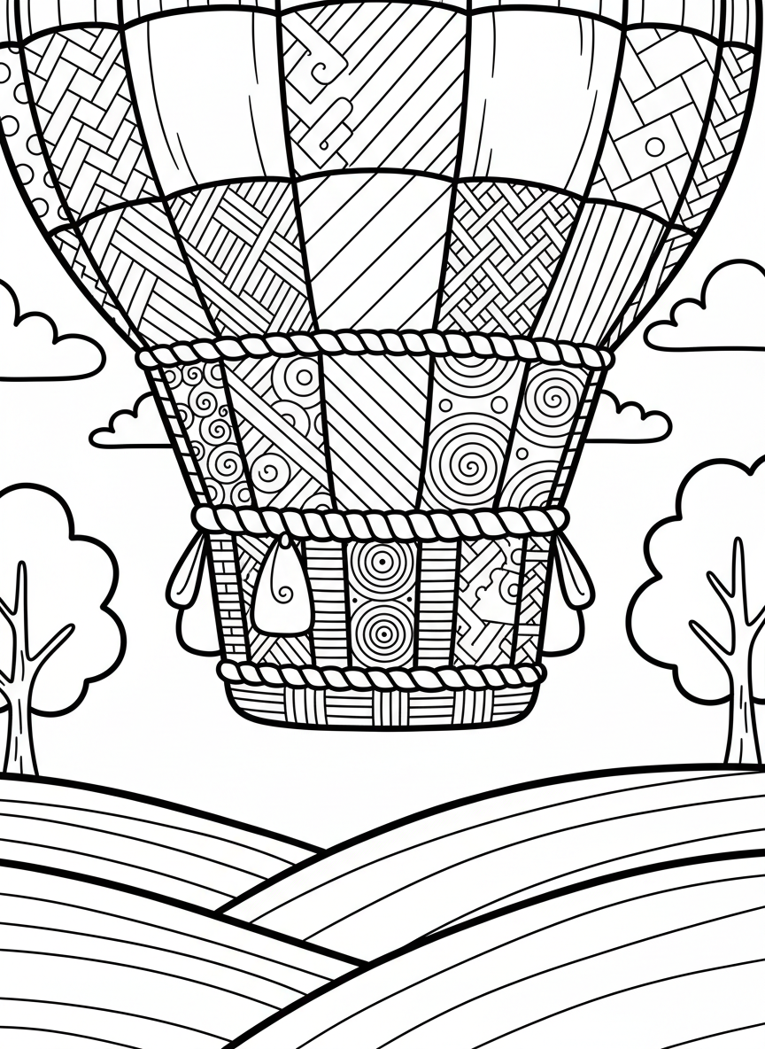 A quilted hot air balloon basket with woven texture patterns, floating above rolling hills, artisan-inspired coloring page