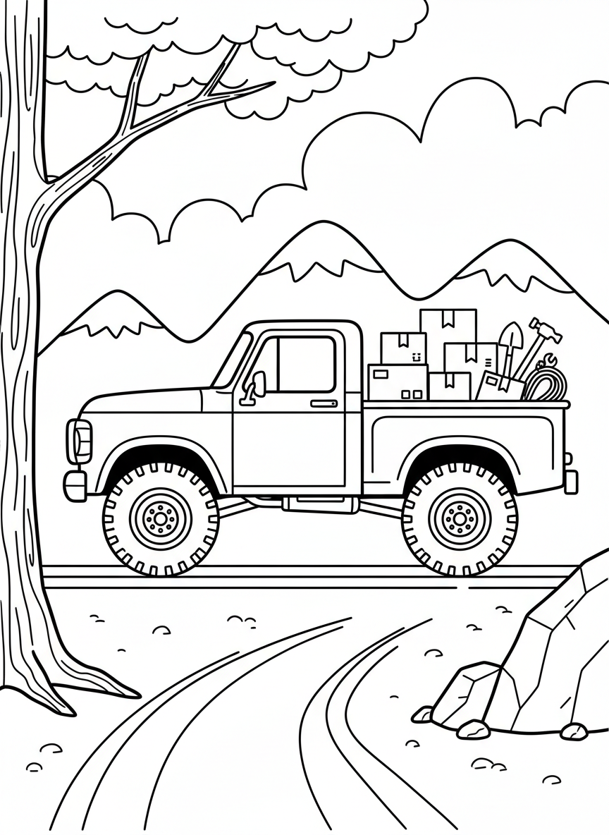 A pickup truck with an open bed carrying boxes and tools, side view showing large wheels and truck details