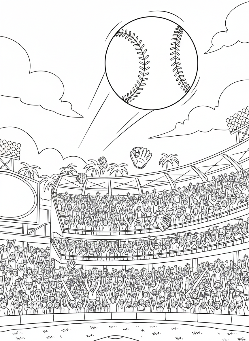 MLB All Star Game coloring page prompts highlighting summer baseball, star players, iconic ballparks, and celebratory league traditions.	A powerful home run soaring into the outfield seats, fans reaching upward as the ball disappears into a sea of gloves and excitement.