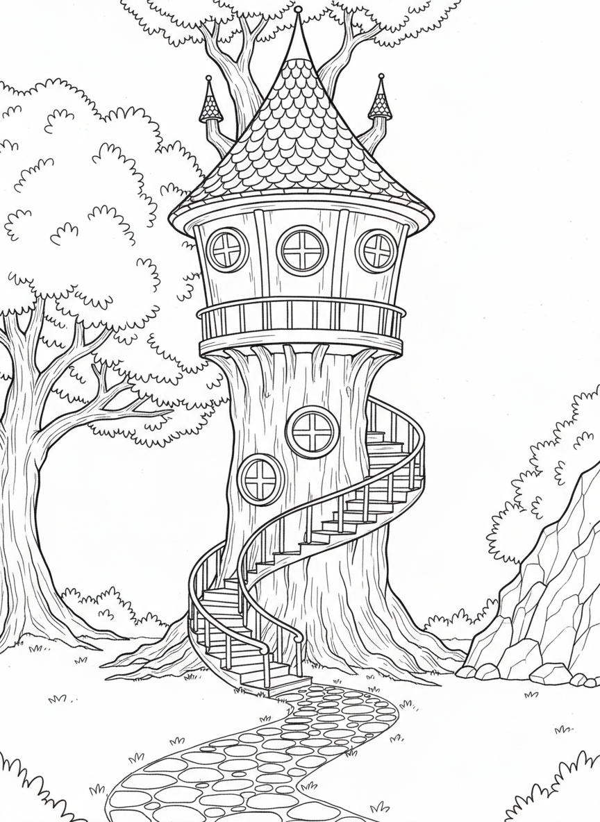 A fairy-tale style round treehouse with a pointed roof, circular windows, and a spiral staircase wrapping around the trunk