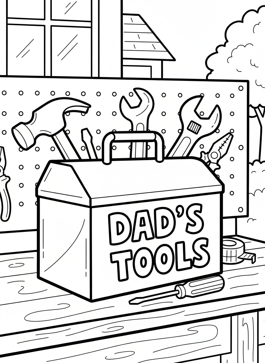 A toolbox filled with simple tools like a hammer, wrench, and screwdriver, with a 'DAD'S TOOLS' label on the side