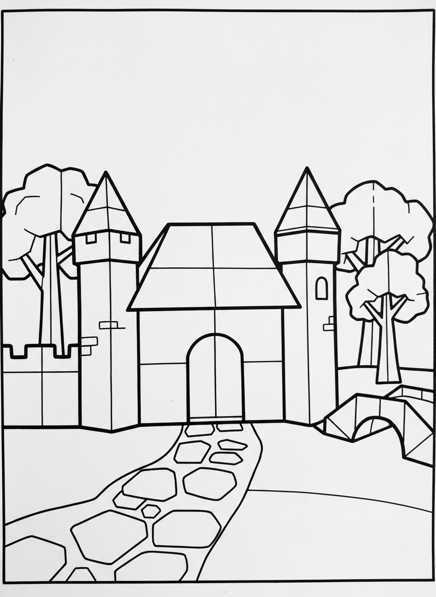 A simple origami castle with two square towers and a triangular roof, featuring clean geometric folds and a front gate, perfect for young children to color.