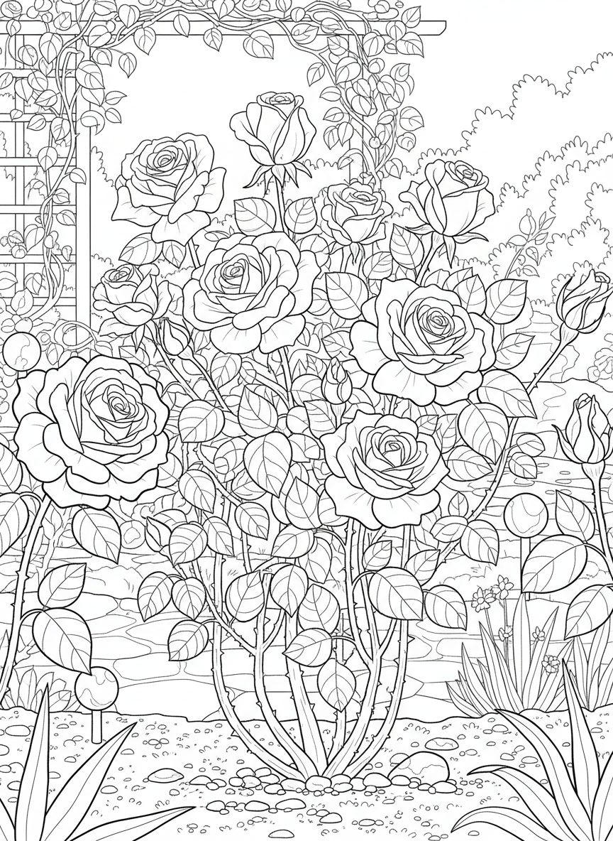 A detailed rose bush with multiple blooming roses, buds, and thorny stems with leaves, garden setting, medium difficulty.