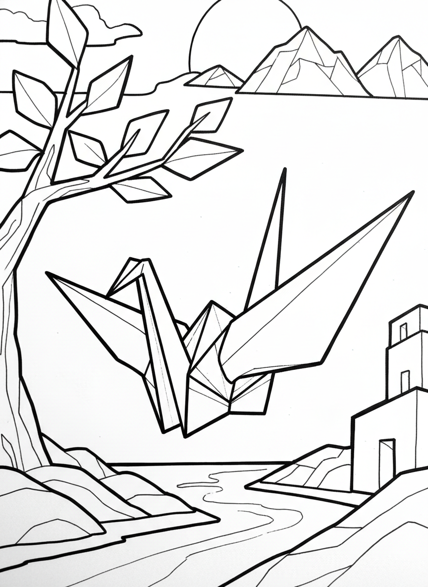 A simple origami paper crane with clean folded lines and wings spread wide, shown from a three-quarter view with clear geometric fold patterns visible.