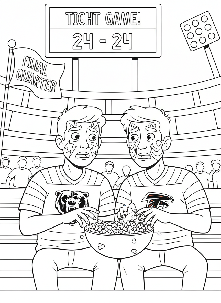 Fans from rival teams seated side by side, faces painted in bold colors, sharing snacks and nervous glances as the score remains tight and every snap feels heavier than the last.