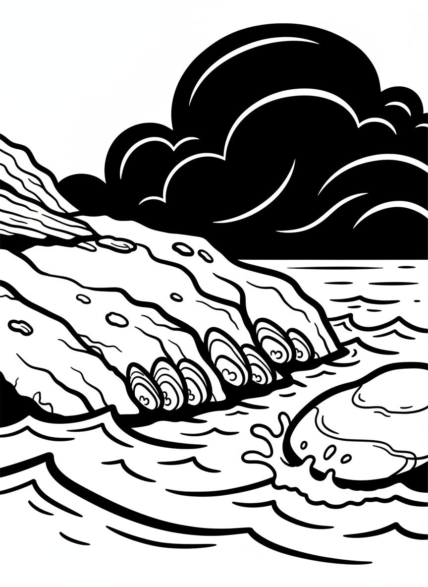 Mussels in a line along the edge of a rock where waves meet shore, showing the tide line with simple wave patterns