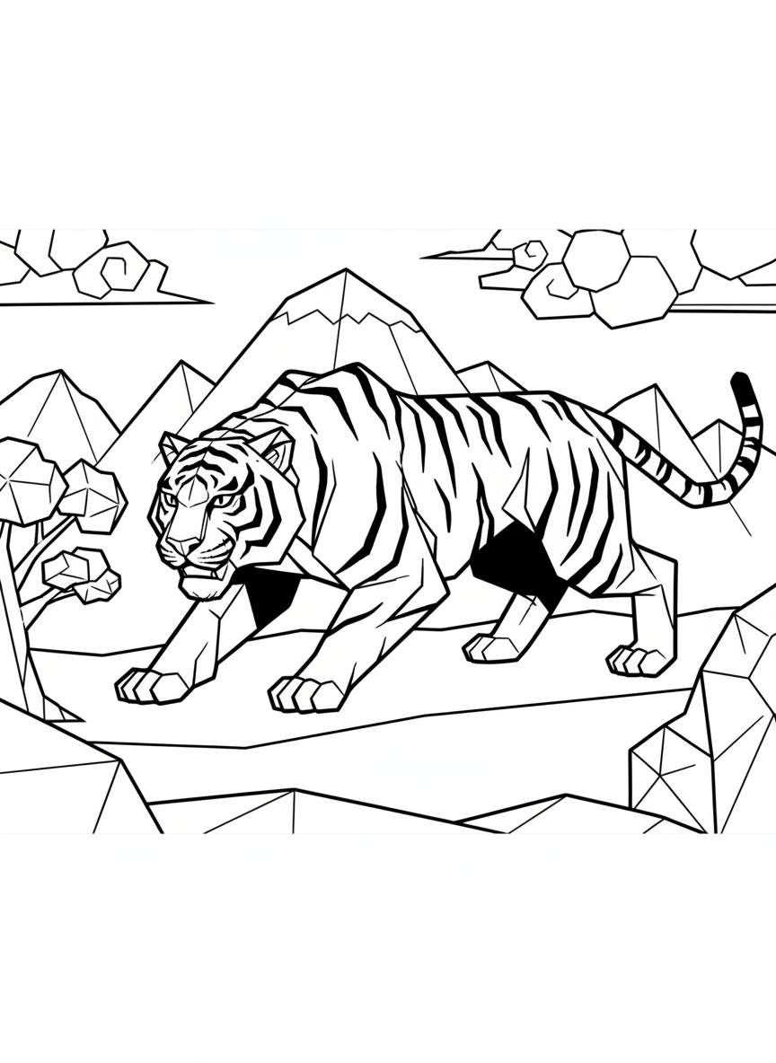 An origami tiger with angular stripes and geometric features, shown in a crouching position ready to pounce