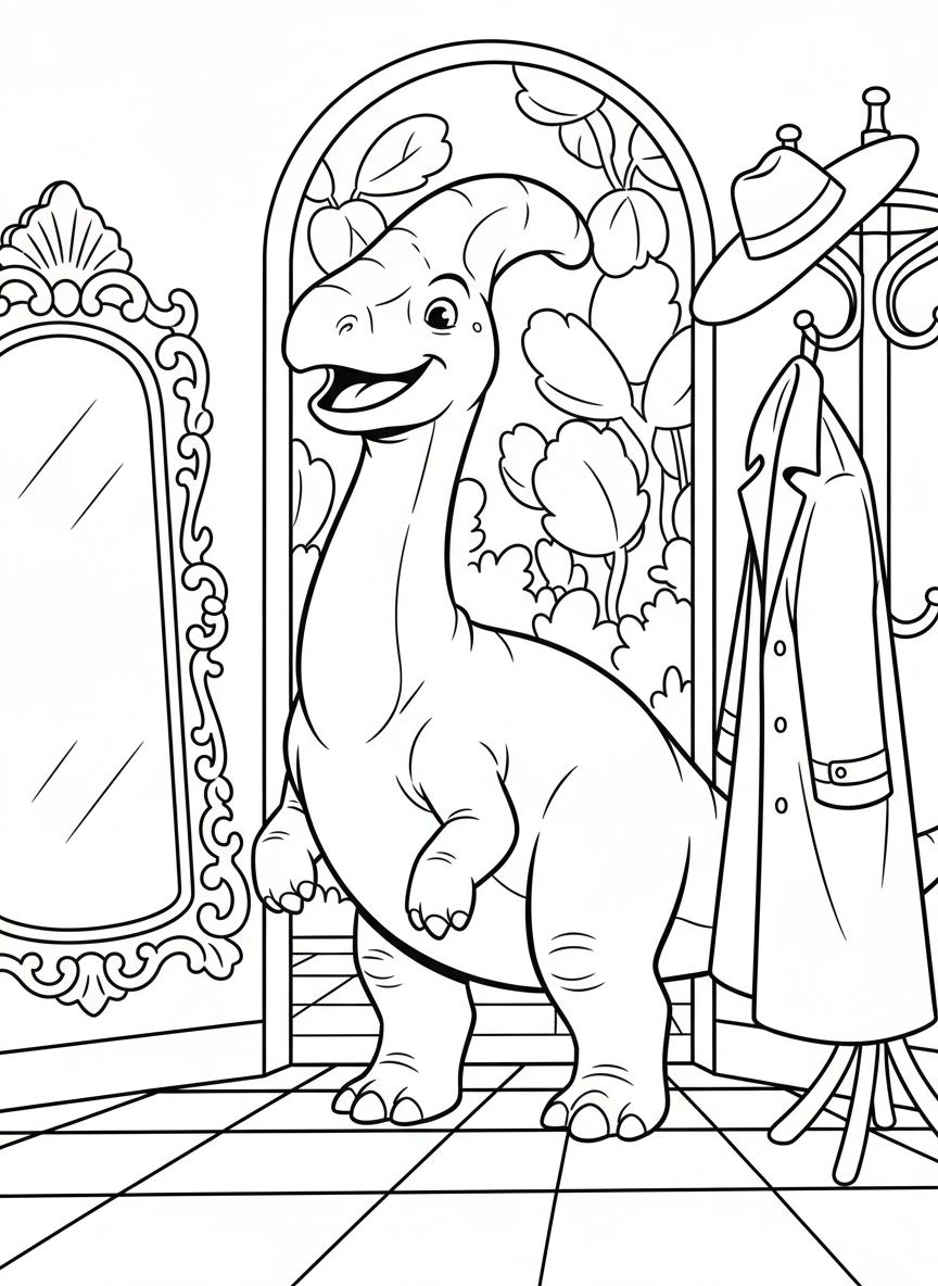 A smiling Parasaurolophus standing beside a decorative mirror and coat rack, welcoming entryway scene with simple lines