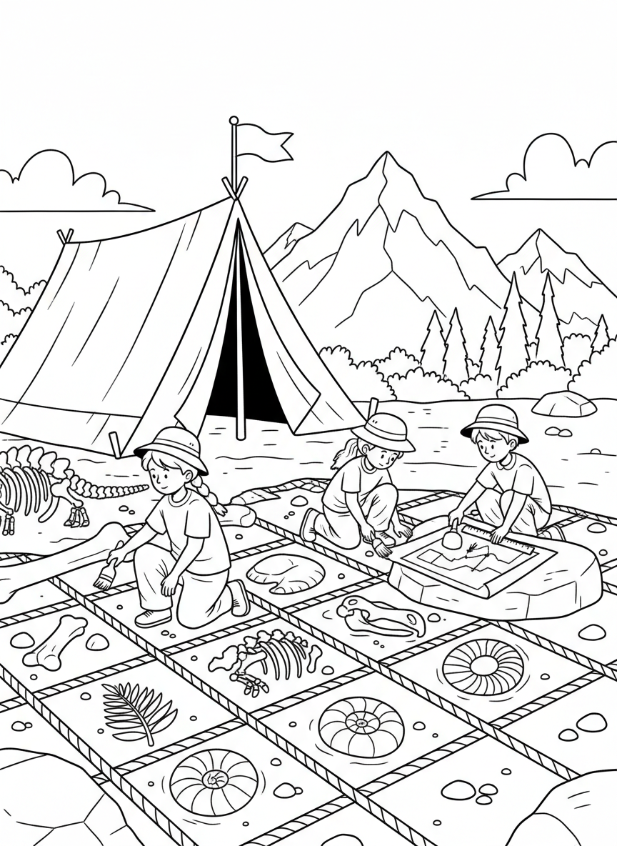 A field scene with a tent, excavation grid, and children carefully mapping out fossil locations