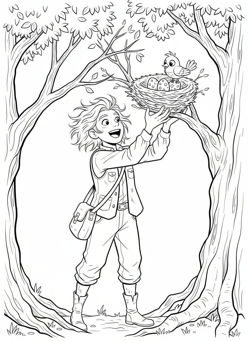 A young adventurer discovering a bird's nest in a tree, reaching up carefully with an excited expression.