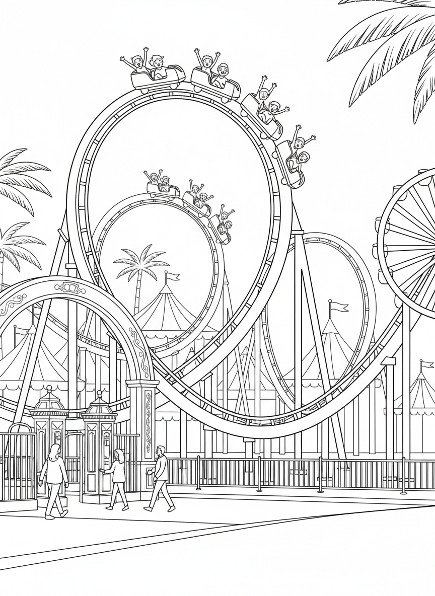 A carnival roller coaster with loops and hills, passengers with hands up, and ticket gates at the entrance.