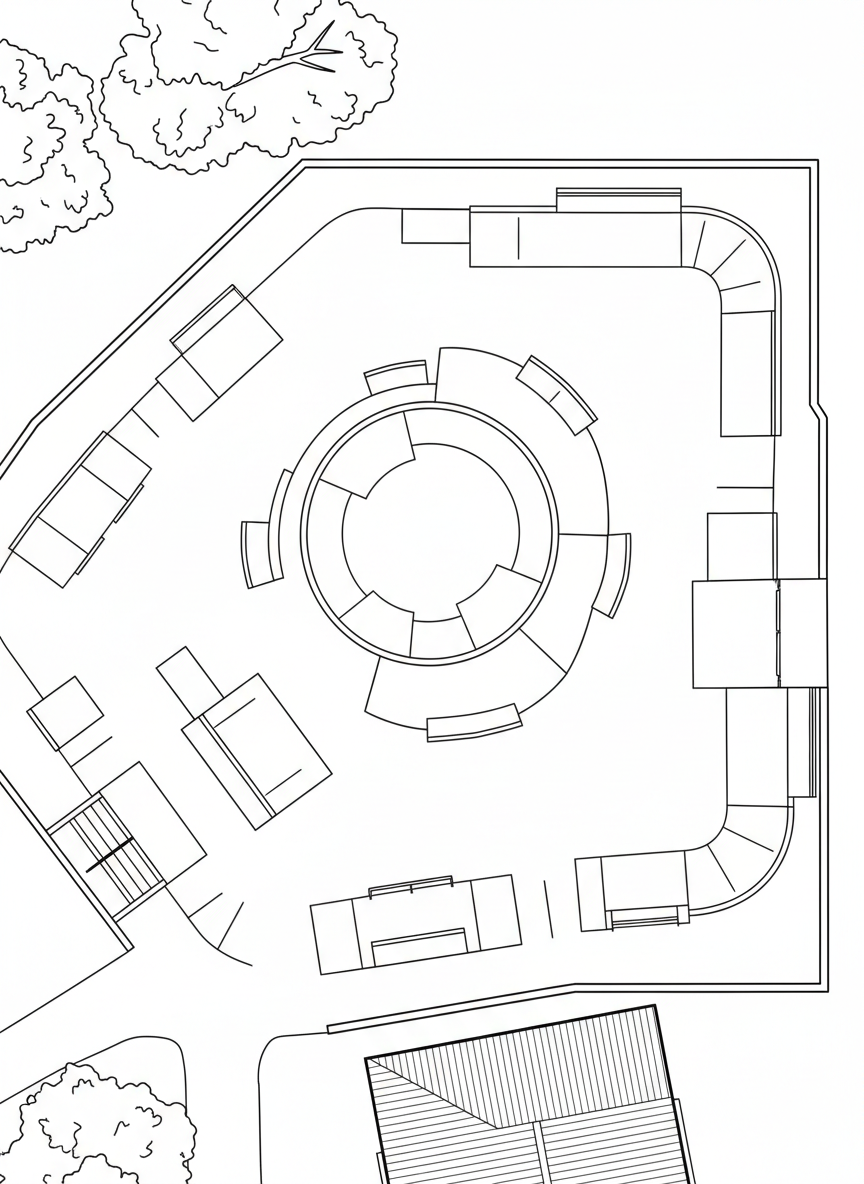 Aerial view of a skate park layout showing various ramps, fun boxes, and curved paths from above, geometric patterns.
