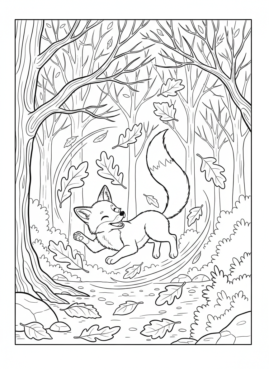 A fox kit playing with autumn leaves falling around it, dynamic and fun scene