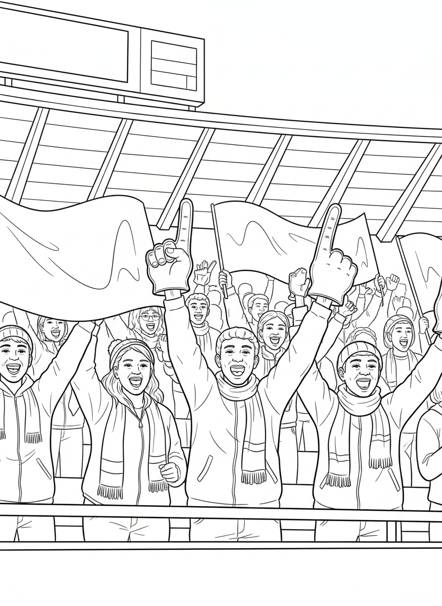 A group of fans in the stands holding foam fingers and banners, cheering excitedly with happy expressions.