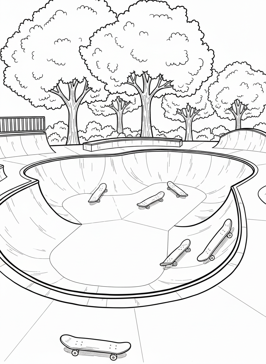 Wide view of a bowl-shaped skate park with curved walls, a few skateboards scattered around, trees in the background.