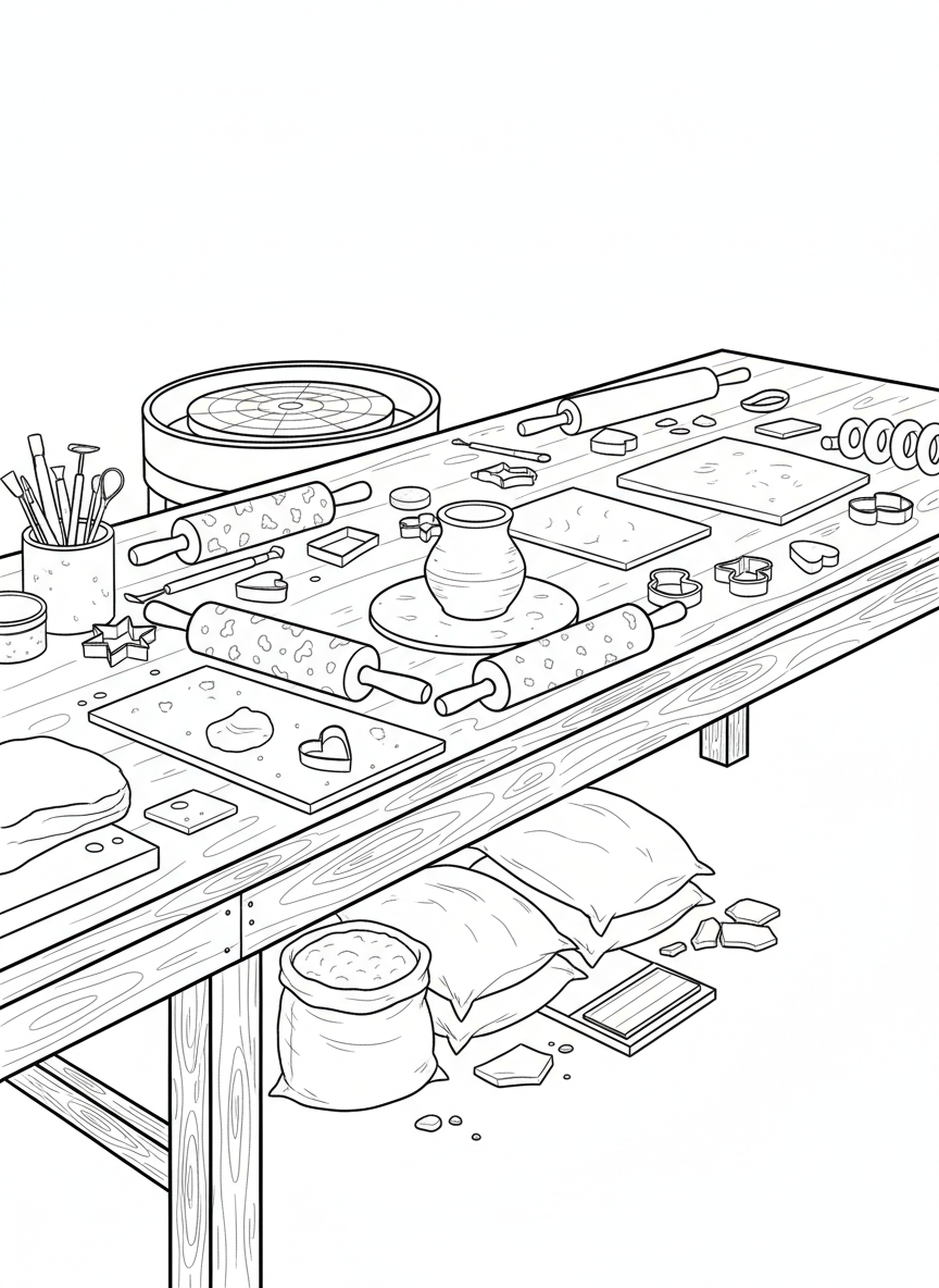 A pottery workbench with rolling pins, cookie cutters, clay slabs, and small sculpting tools arranged neatly.