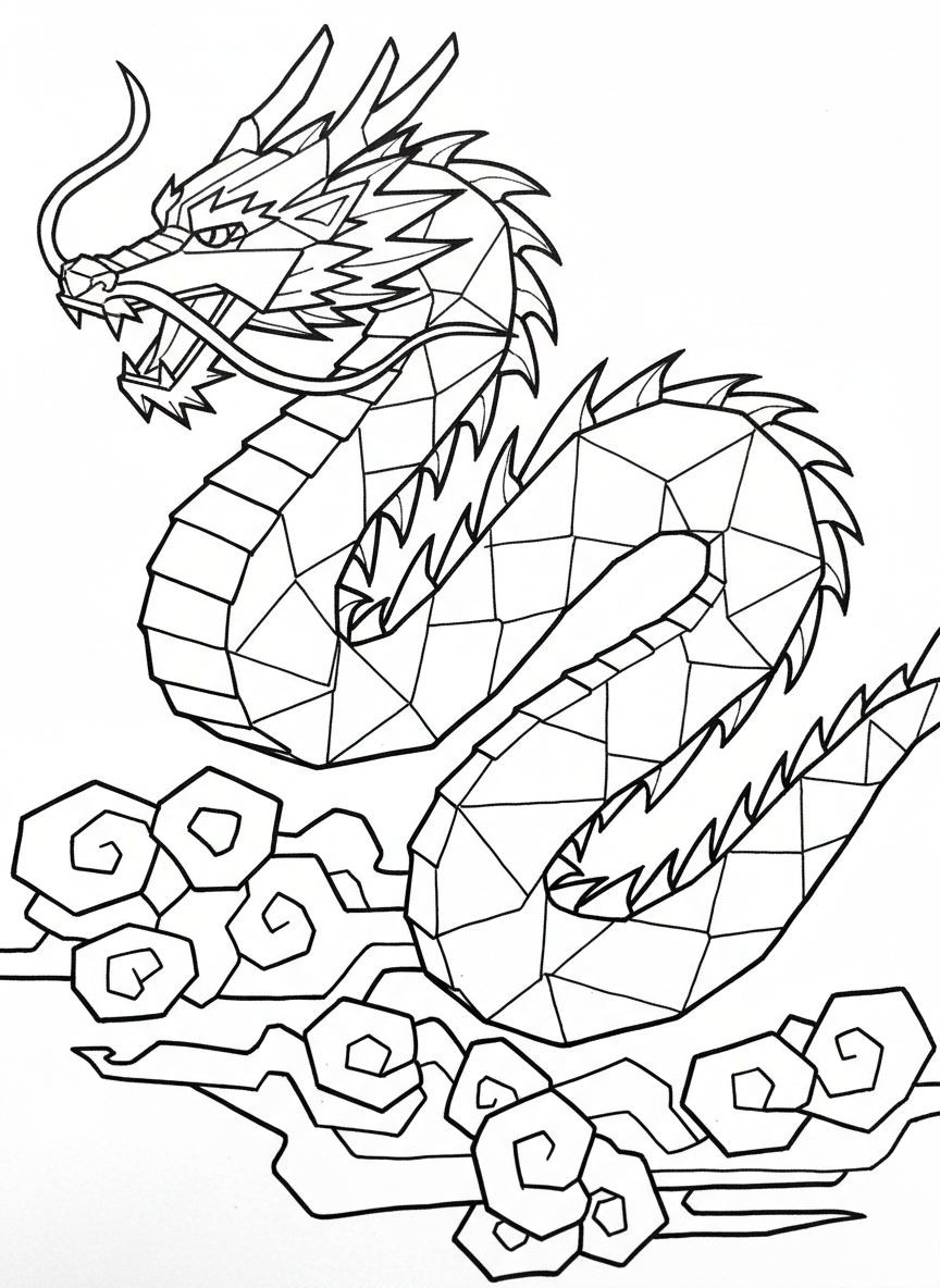 A majestic origami dragon with long serpentine body winding through clouds, showing repeating geometric segments and traditional paper-fold style.