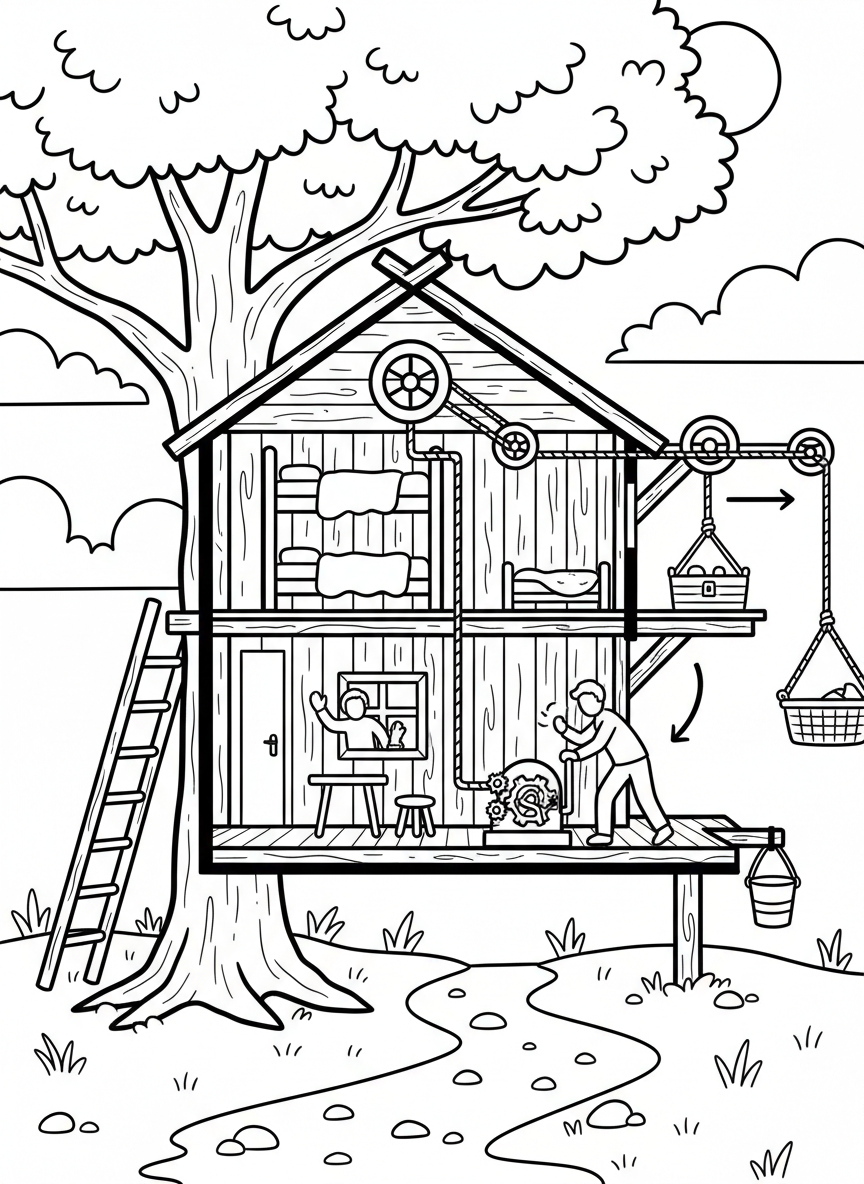 Cross-section diagram style showing how a pulley system works on a treehouse, educational and fun.