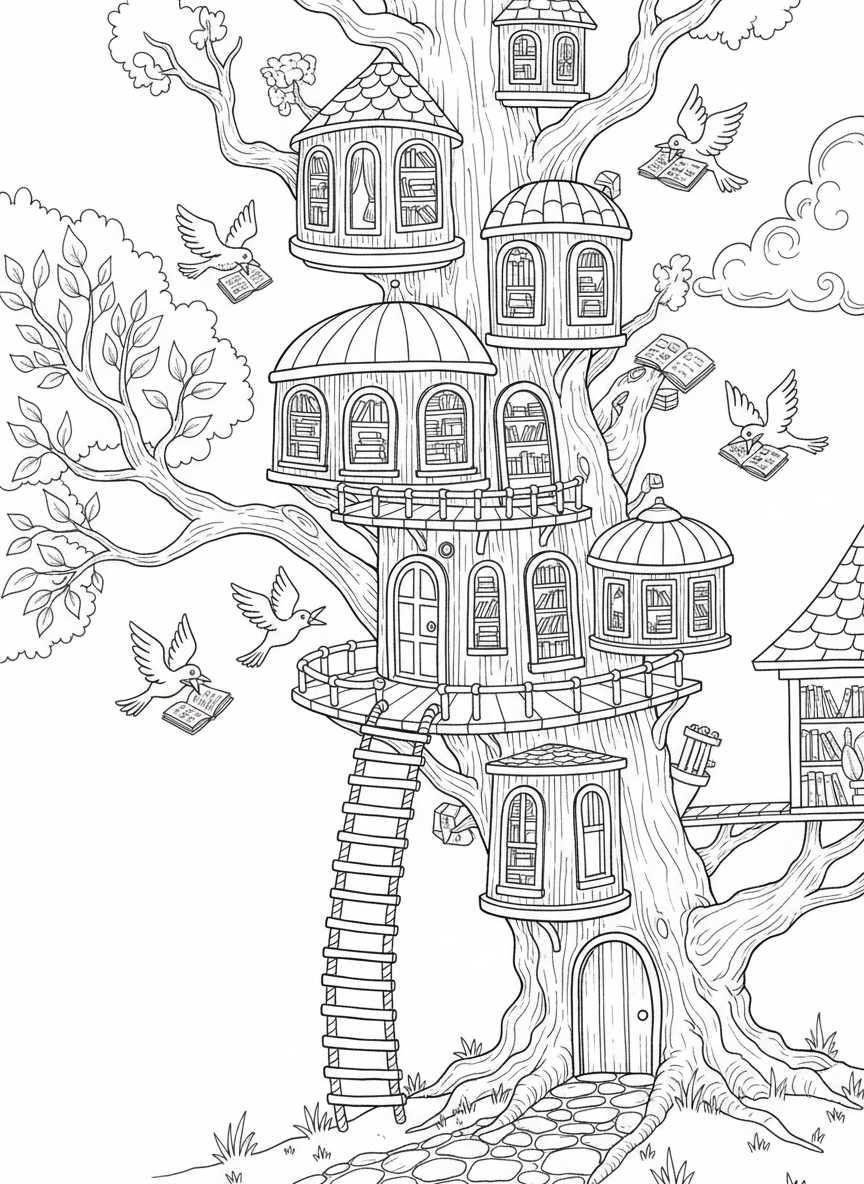 A whimsical treehouse library with books visible through the windows, a rope ladder, and birds flying around it.