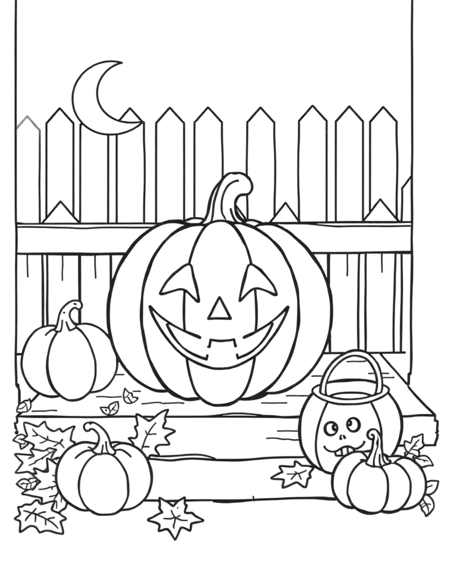 A smiling pumpkin with a candle glowing inside sits on a wooden porch surrounded by fallen leaves, a trick-or-treat bucket, and a few smaller pumpkins. Add a fence and a crescent moon in the background.