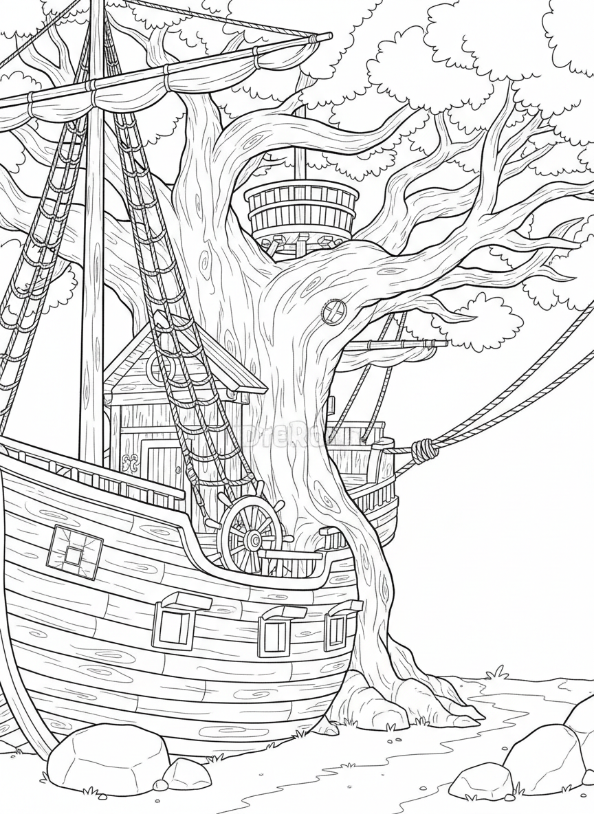 A pirate ship themed treehouse with a ship's wheel, crow's nest lookout, and rope rigging attached to branches.