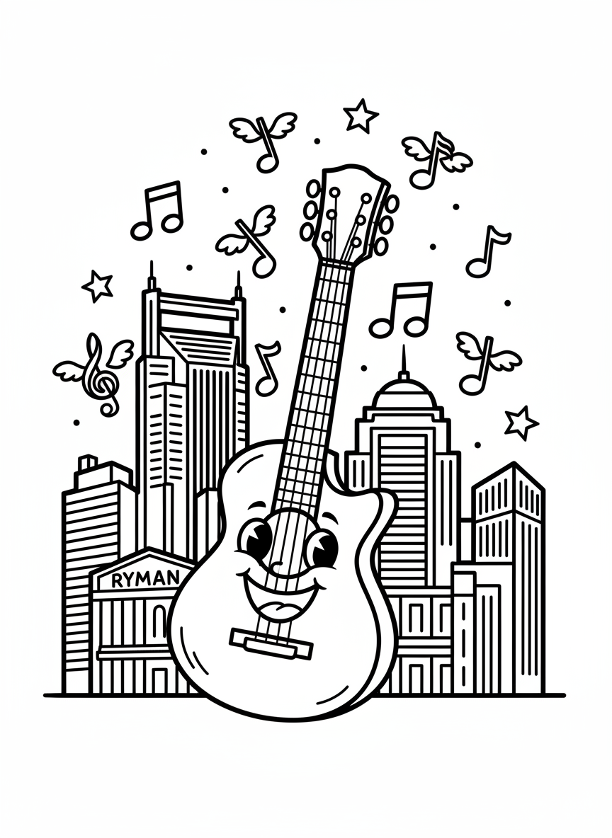 A smiling cartoon guitar with musical notes floating around it, standing in front of a simple Nashville skyline with stars above.