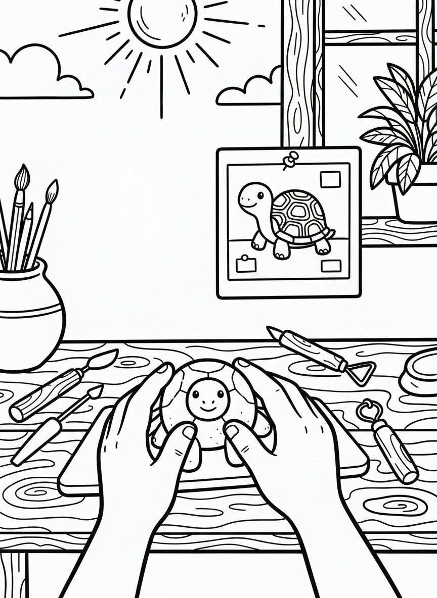 A child's hands molding a clay animal sculpture, with clay tools and a reference picture of a turtle nearby.