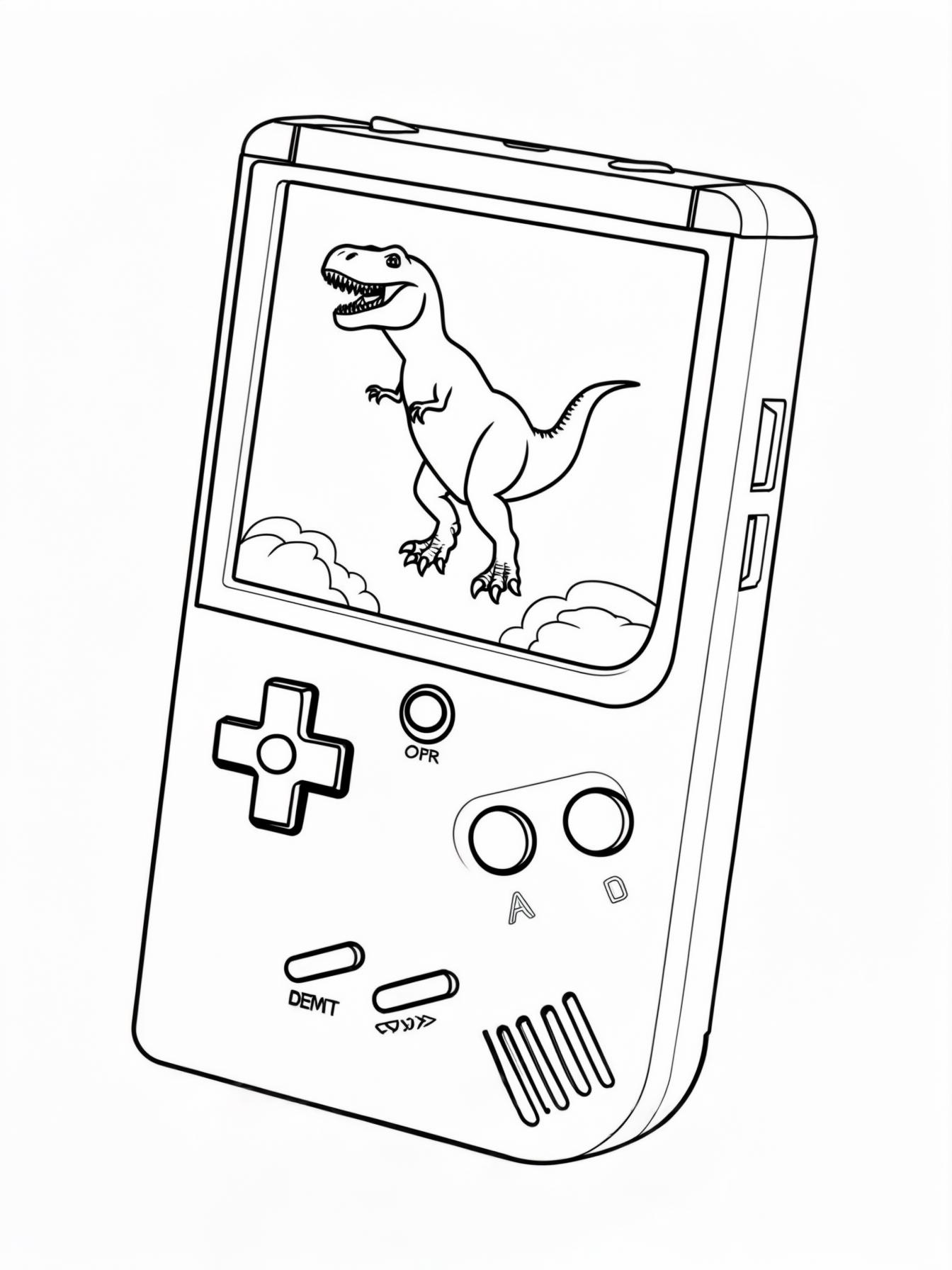 Handheld Fun: A portable game console (like a GameBoy or Switch) with a game scene of a happy dinosaur jumping on the screen.