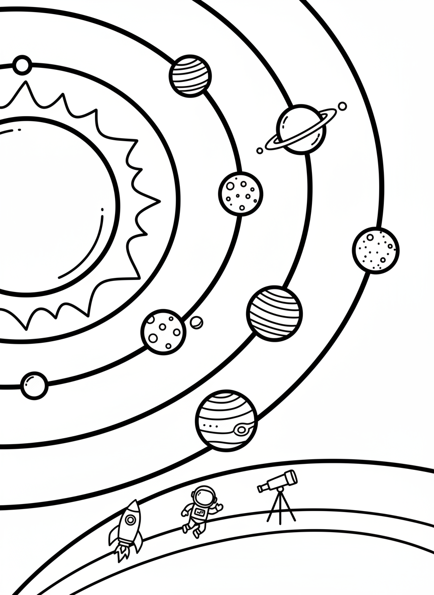 The sun at the center with all eight planets orbiting around it in a simplified solar system diagram, educational and fun.