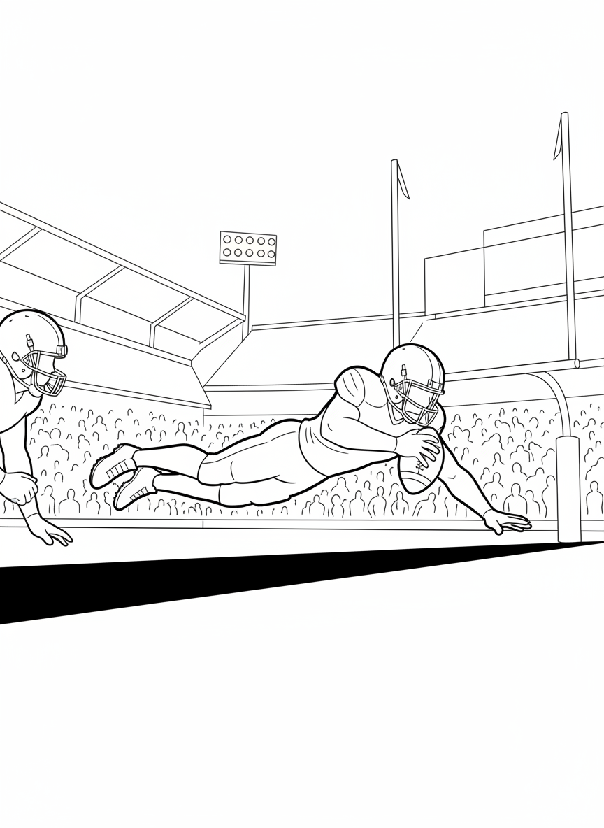 A football player diving into the end zone to score a touchdown, ball tucked under arm.