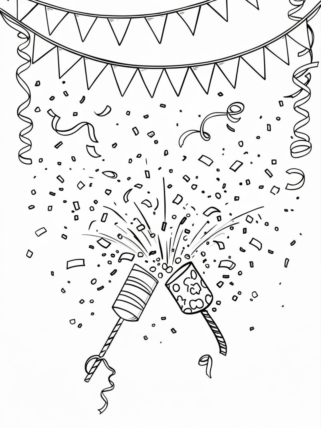 A festive party scene with bold, hanging banners (pennants), streamers, and party poppers mid-pop with confetti.